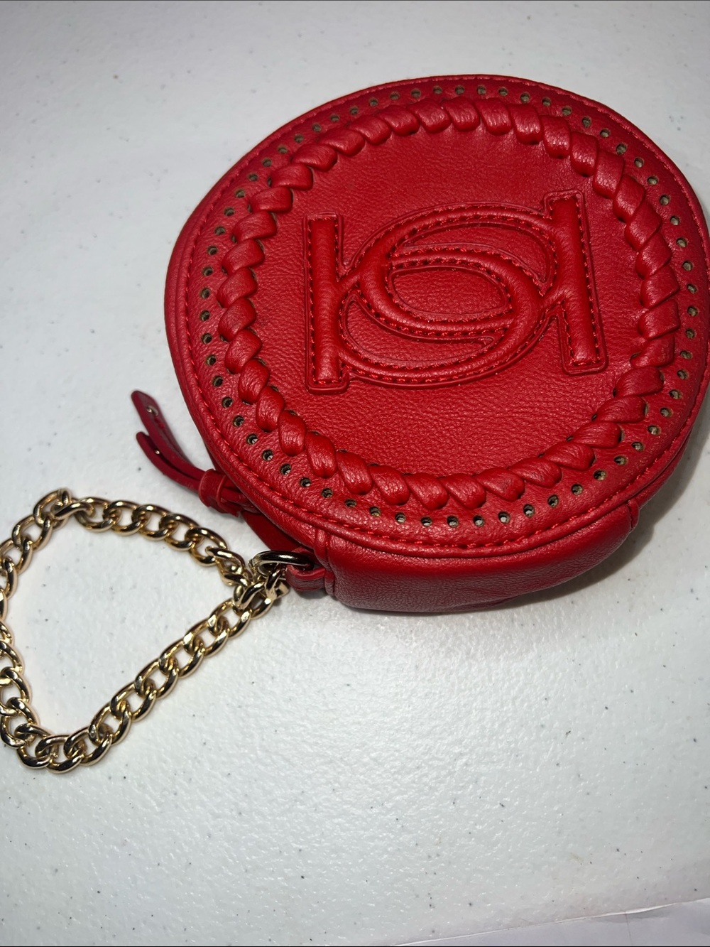 Bebe Faux red Leather Round wristlet wallet with gold Chain